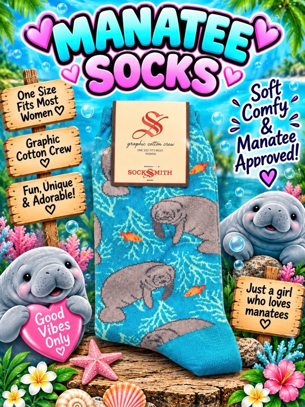 SockSmith Manatee Graphic Crew Socks